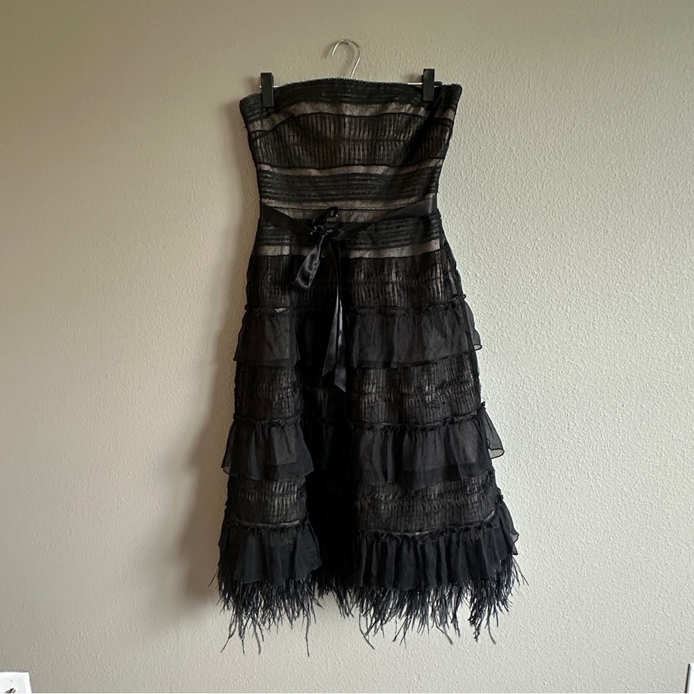 BCBGMaxazria Black Tiered Lace Fit & Flare Feather Dress